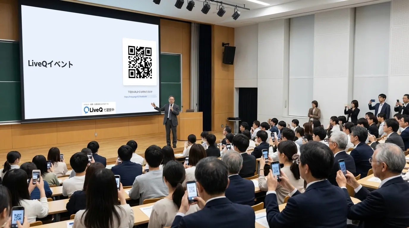 学会会場でLiveQを利用している研究者たちのイメージ