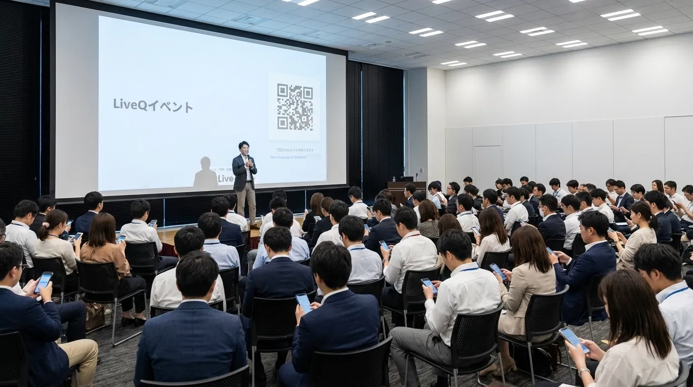 全社総会でLiveQを使っている社員のイメージ